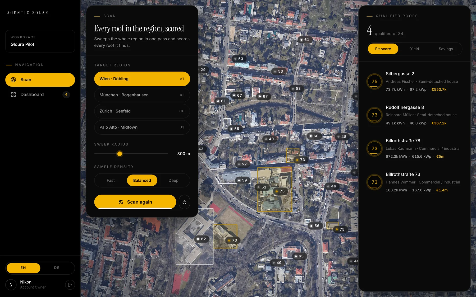 The scan view: a district swept, every roof scored, four qualified roofs listed with owner and value