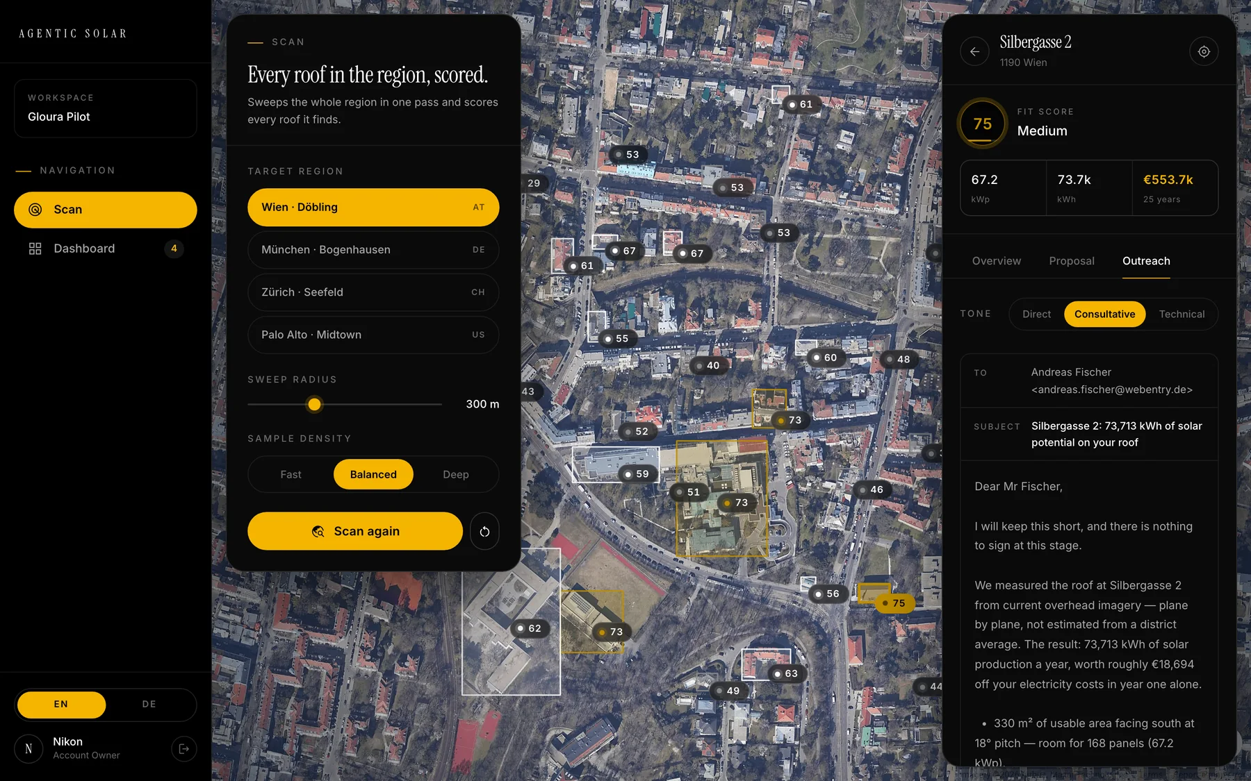 The outreach tab: a drafted email to the owner built from the roof's own figures